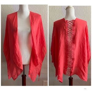 Vibrant Coral Open Cardigan with Lace Detail